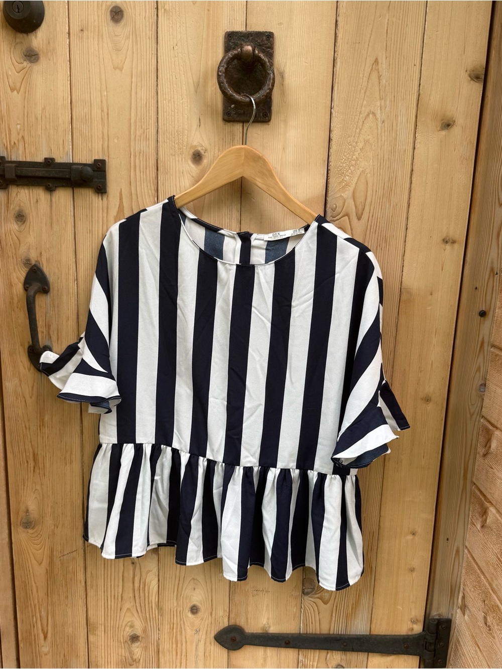 Dex Navy and White Striped Peplum Blouse Size Medium - Picture 2 of 6